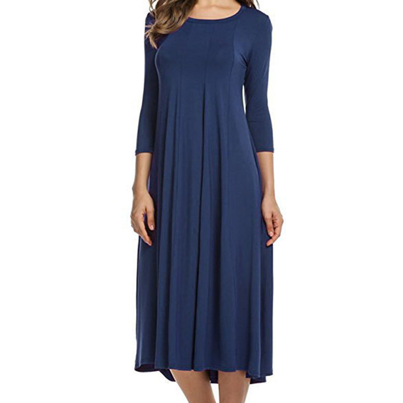 3/4 Sleeve Spring Crew neck Other Other Solid Polyester A-Line Dress Easy Care Knee Length Women