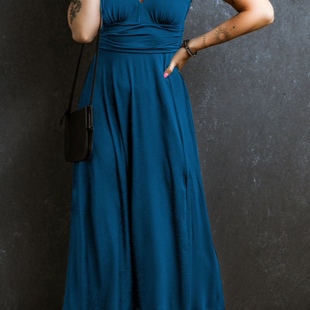 Black Short Sleeve Shirred High Waist V Neck Maxi Dress
