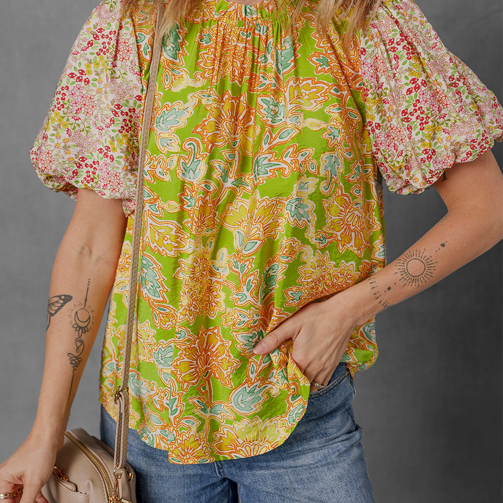 Multicolour Printed Contrast Bubble Sleeve Patchwork Blouse