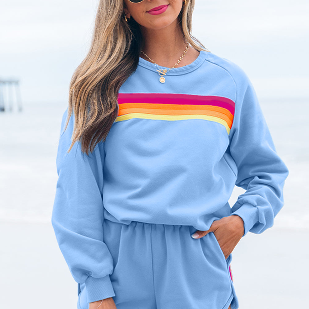 Beau Blue Accent Pullover and Shorts Two Piece Casual Set