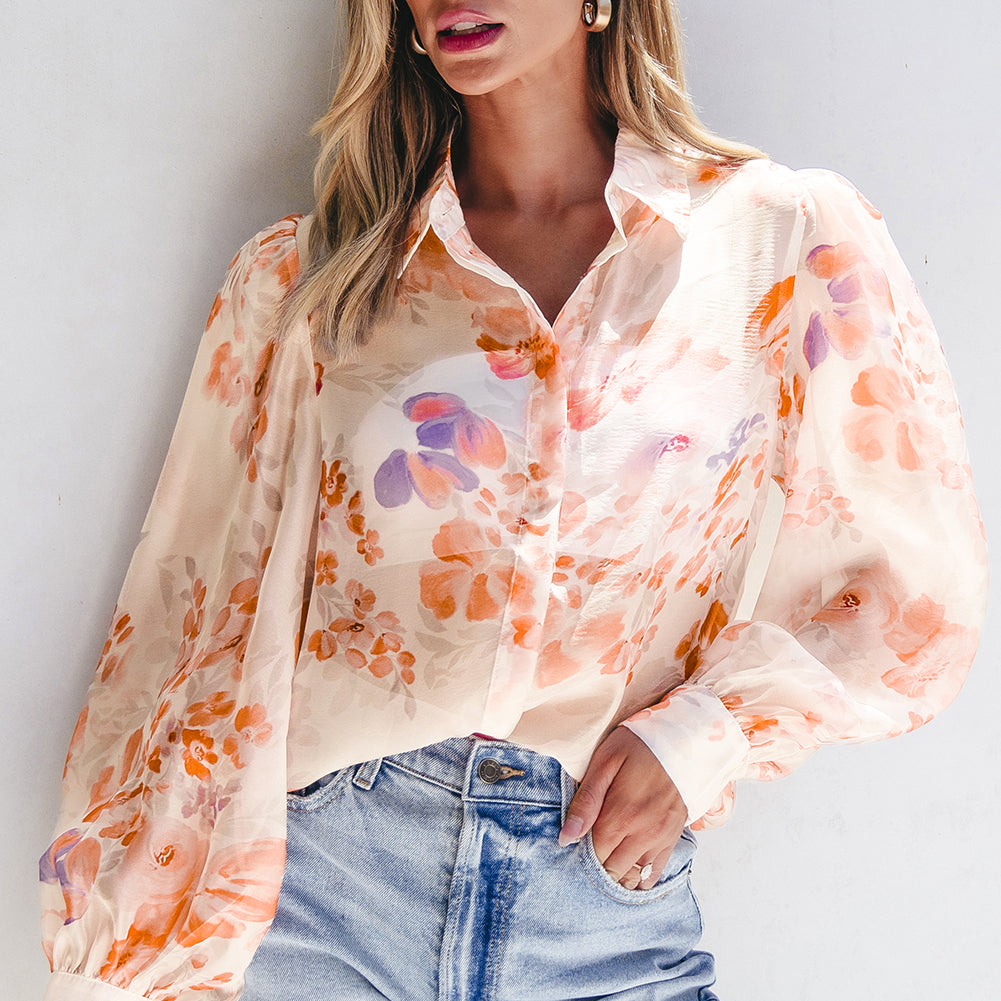 White Floral Print Collared Balloon Sleeve Loose Shirt