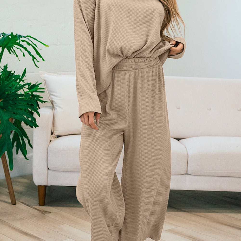 Smoke Gray Loose Textured Pullover and Pants Outfit