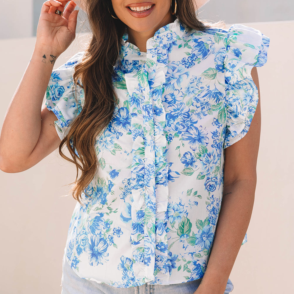Green Floral Print Ruffle Sleeve Frilly Button Up Shirt