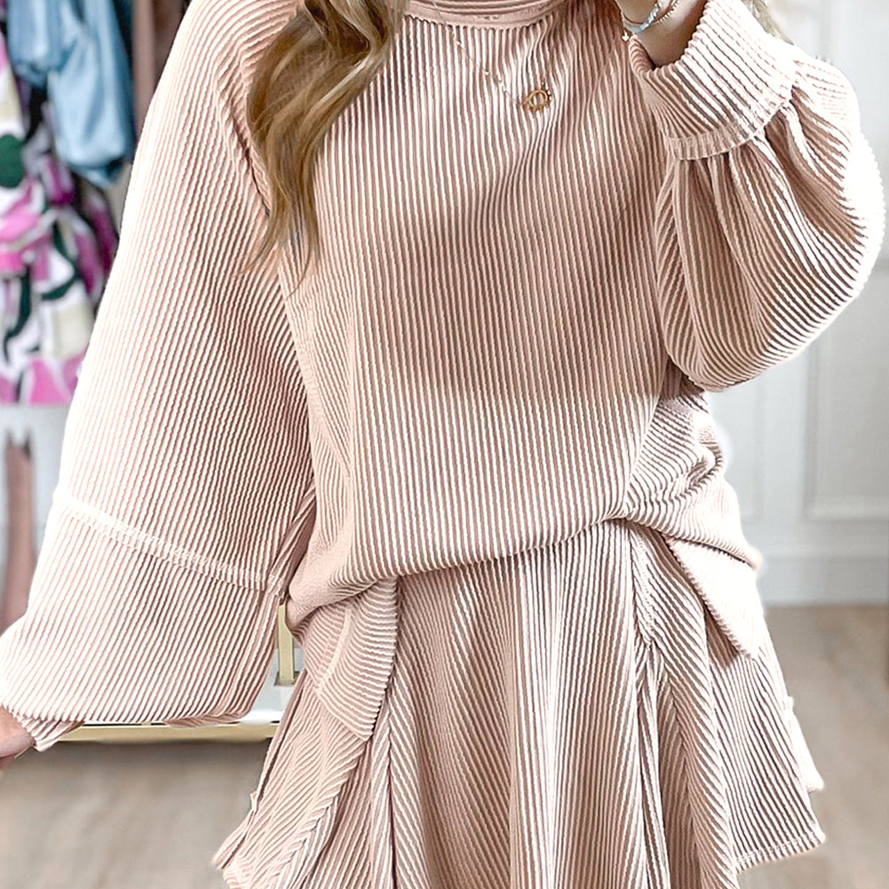 Jet Stream Corded Lantern Sleeve Top High Waist Ruffled Mini Skirt Set