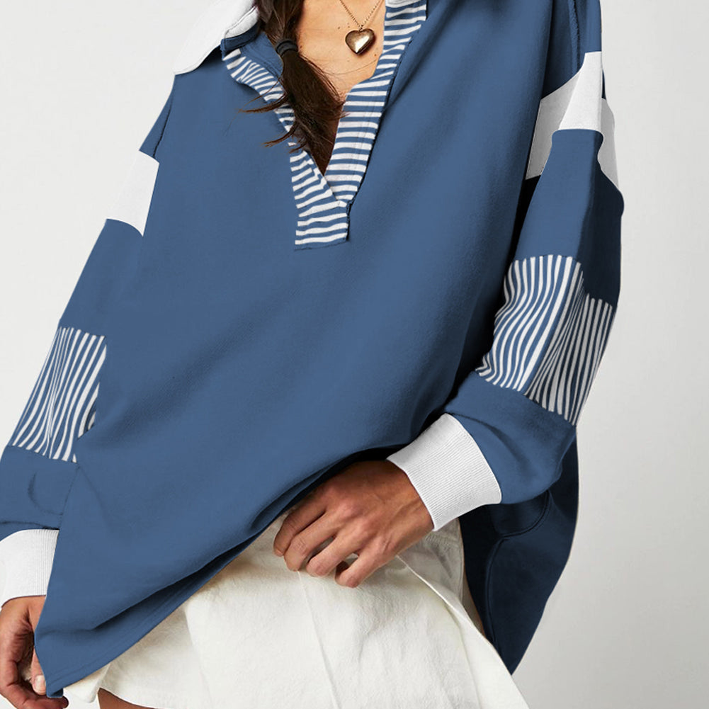 Black Striped Colorblock Patchwork Collar Sweatshirt