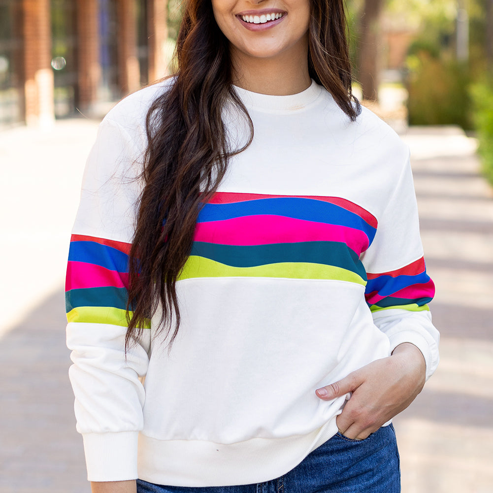 White Colorful Striped Accent Long Sleeve T Shirt