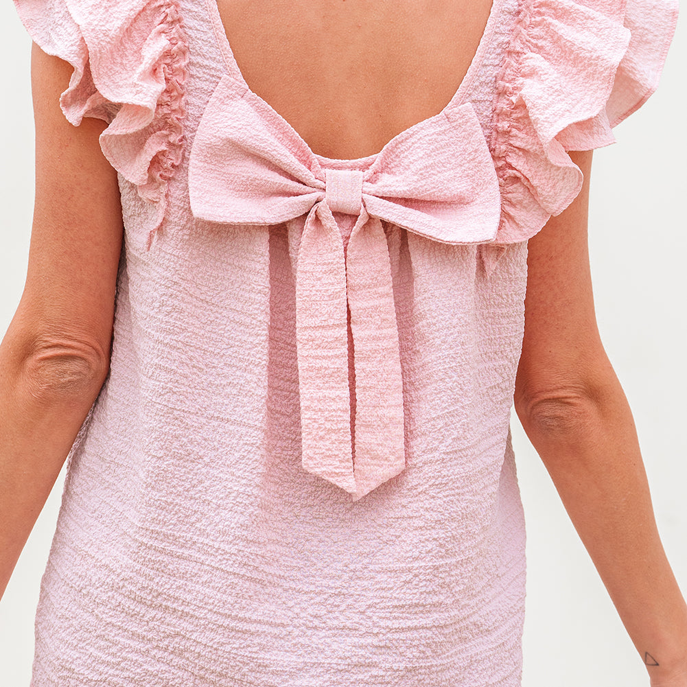 Gossamer Pink Textured Bow Knot Frilled Butterfly Sleeve Blouse