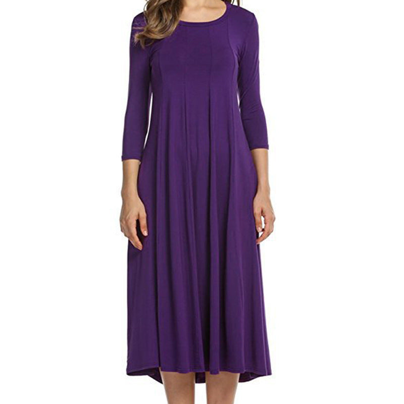3/4 Sleeve Spring Crew neck Other Other Solid Polyester A-Line Dress Easy Care Knee Length Women