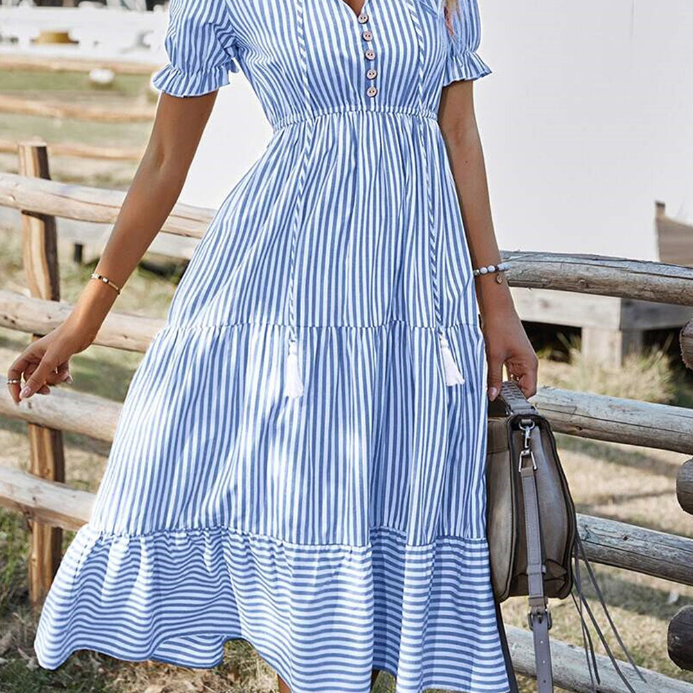 Sky Blue Stripe Button Tassel Tie Detail Frilled Short Sleeve Flared Midi Dress