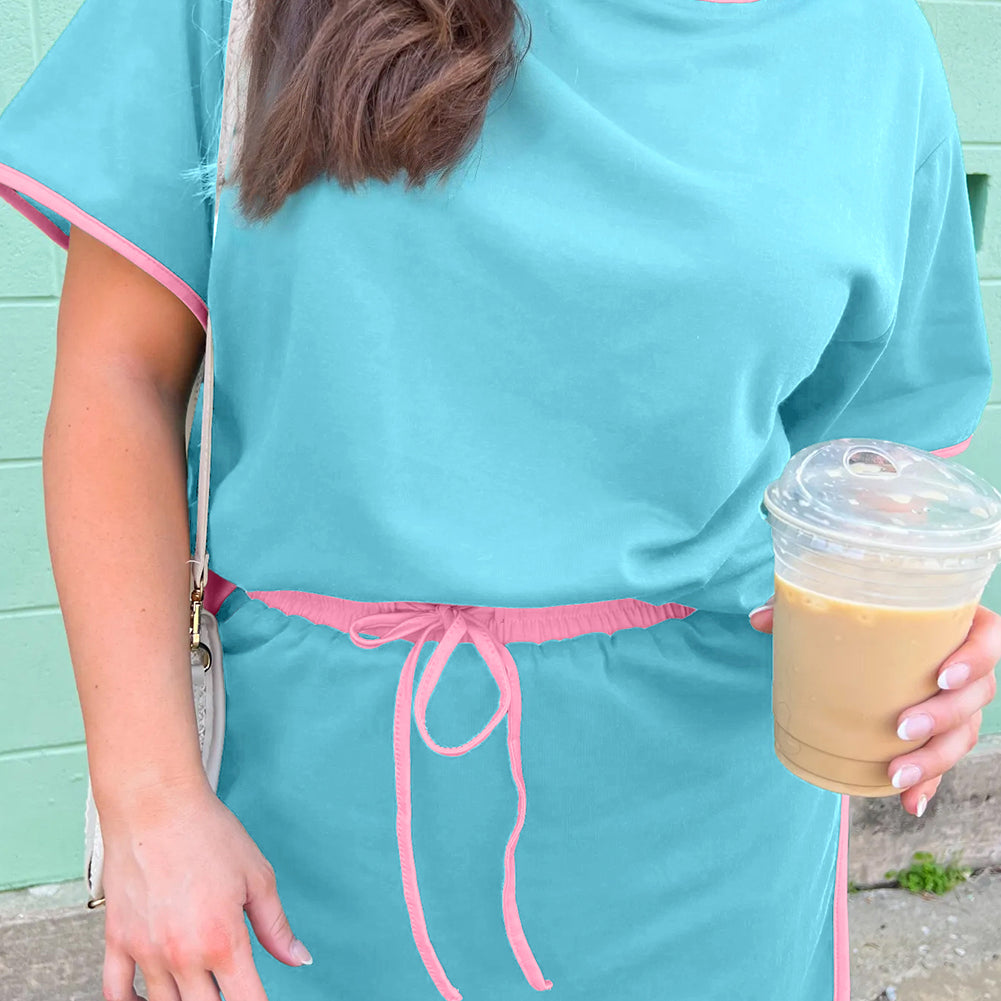 Turquoise Plus Size Contrast Trim T Shirt and Skirt Two Piece Set