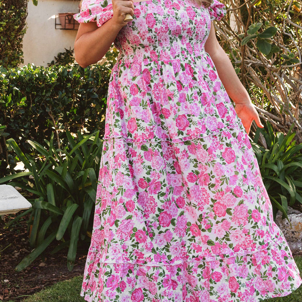 Pink Dainty Floral Smocked Puff Sleeve Flowy Long Dress