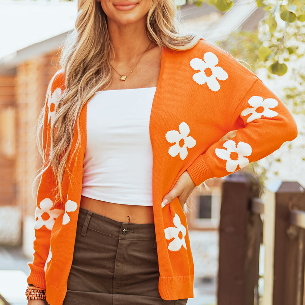 Black Floral Print Knitted Open Front Loose Cardigan