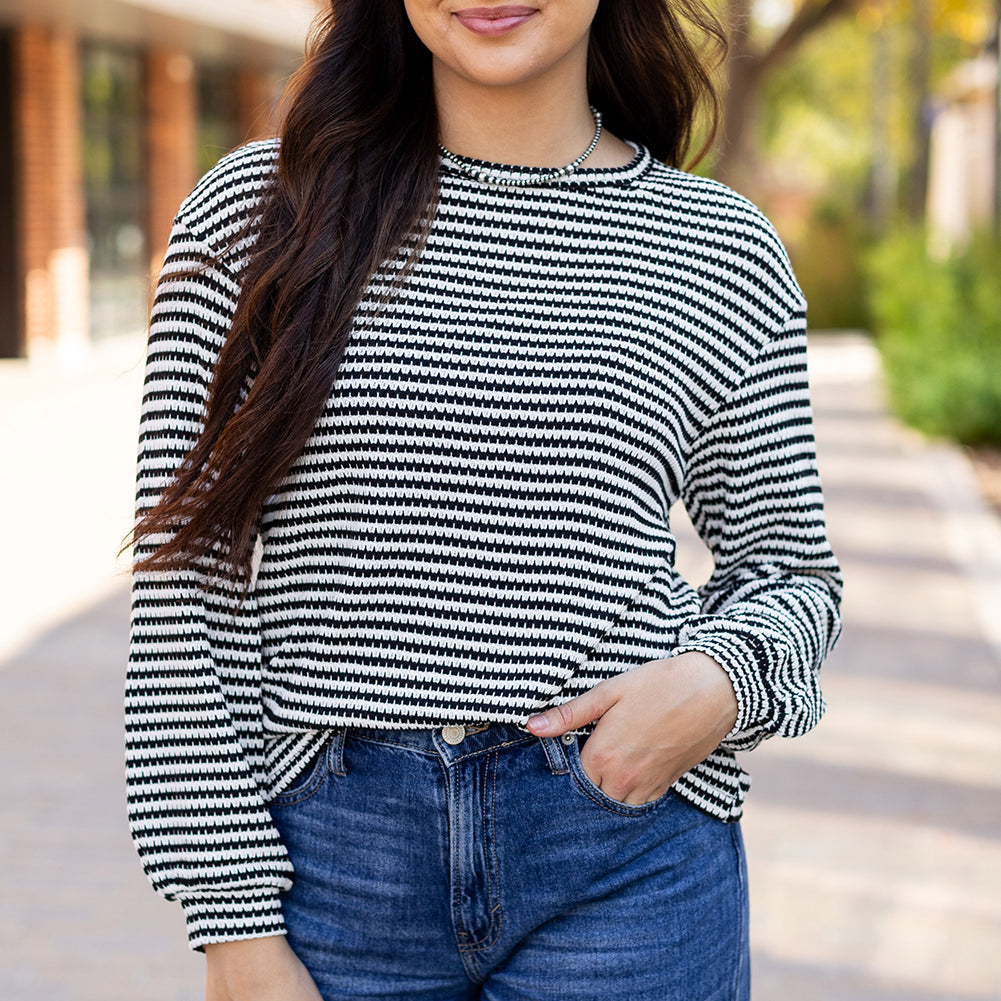 Khaki Stripe Round Neck Drop Shoulder Long Sleeve Top