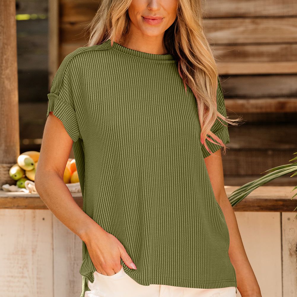 Jungle Green Textured Knit Exposed Stitching T-shirt