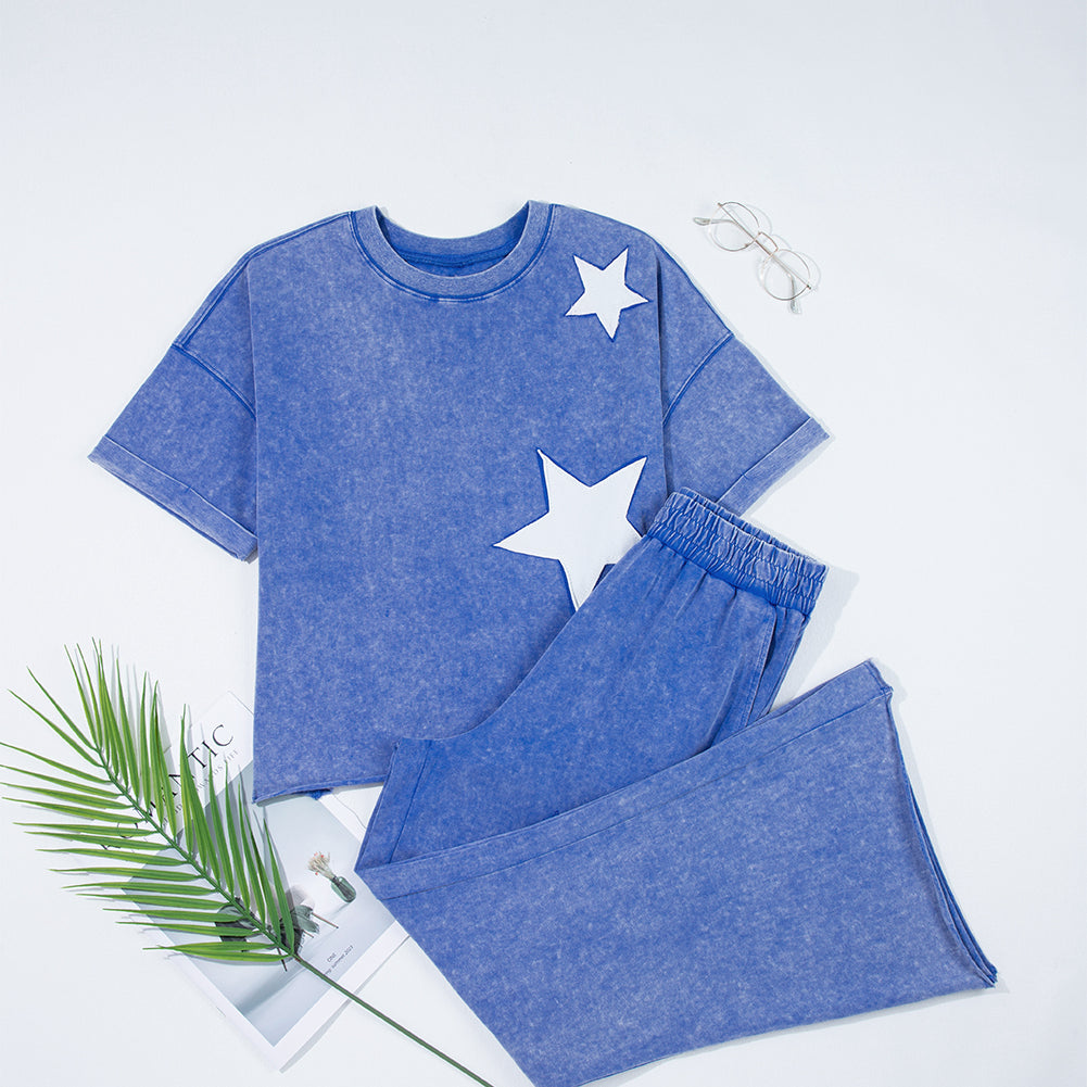 Ashleigh Blue Acid Wash Star Patched Rolled Trim Pants Set