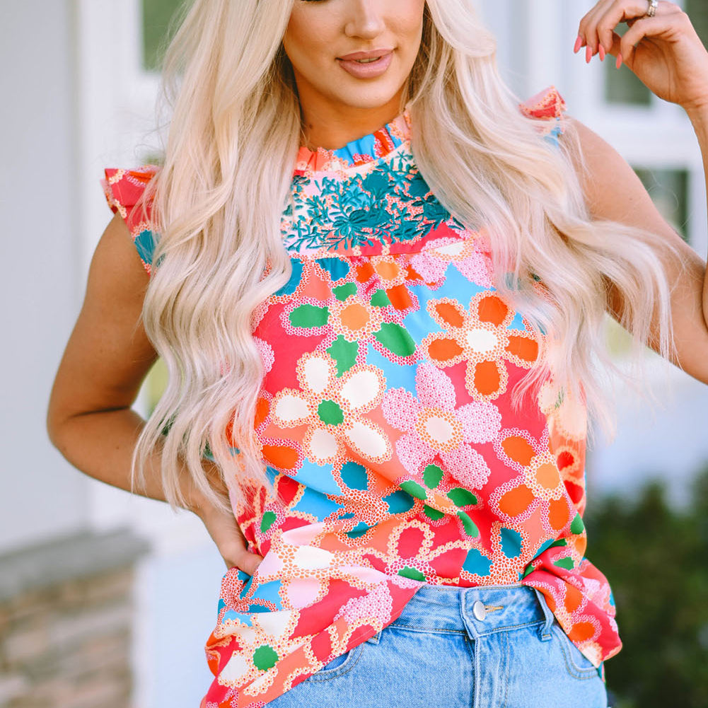 Pink Embroidered Detail Floral Print Ruffle Trim Tank Top