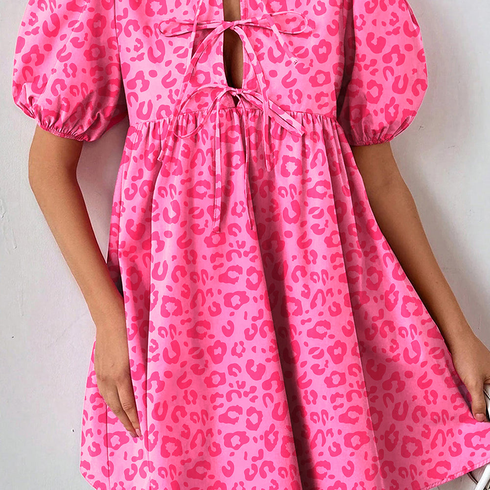 Rose Leopard Puff Sleeve Tie Front High Waist Mini Dress