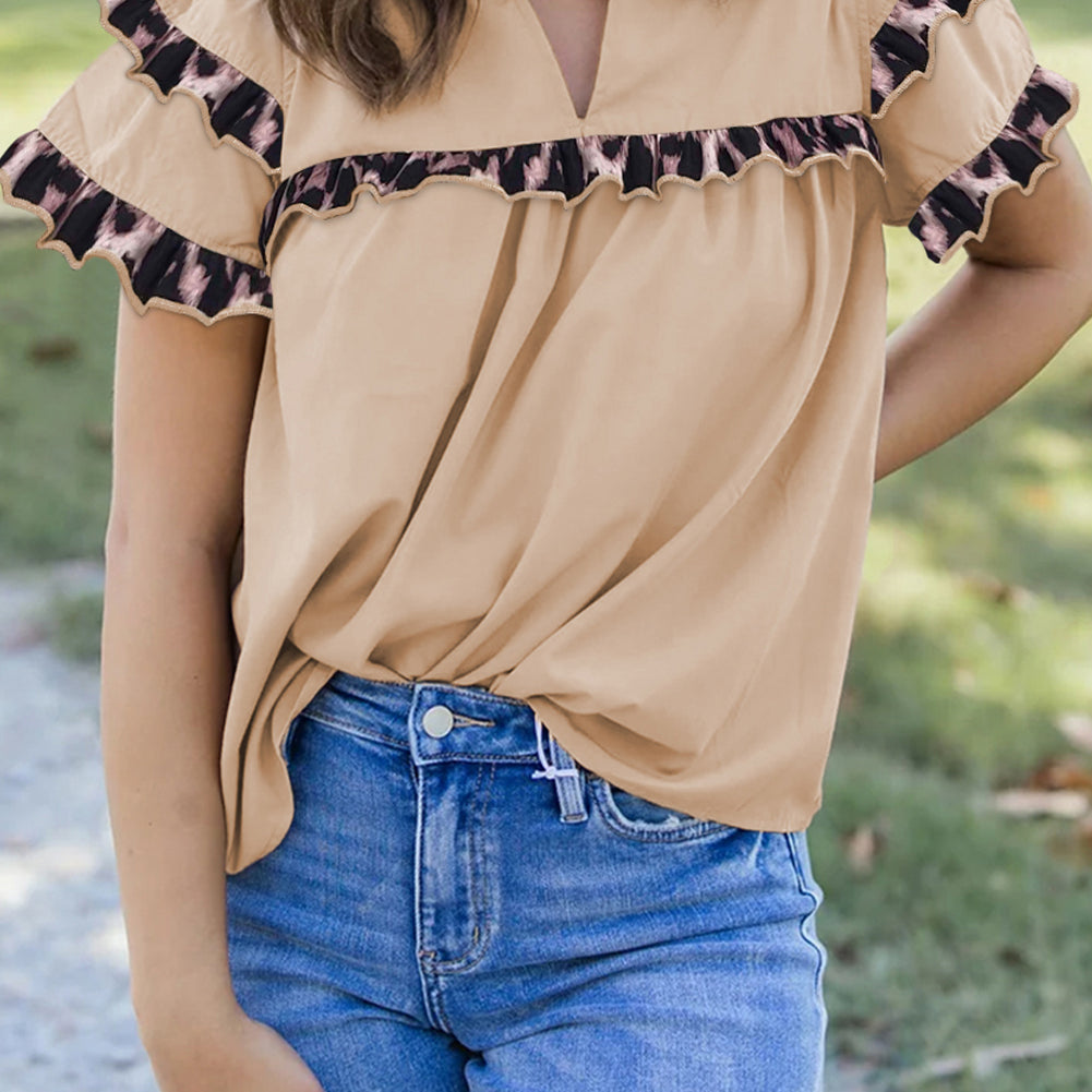 Smoke Gray Leopard Ruffles Trim Tiered Short Sleeve Blouse