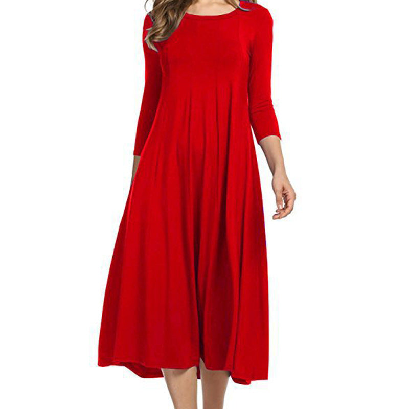 3/4 Sleeve Spring Crew neck Other Other Solid Polyester A-Line Dress Easy Care Knee Length Women