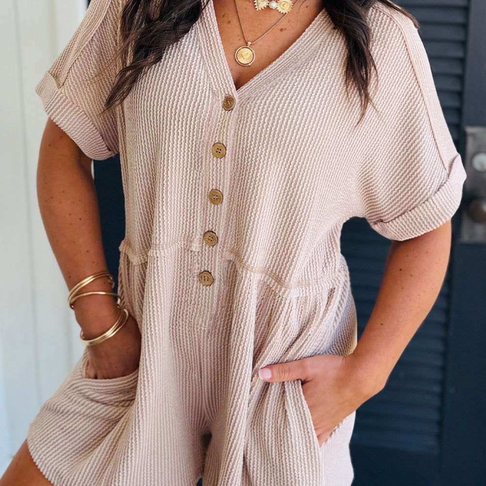 Parchment Spiral Ribbed Short Sleeve V Neck Buttoned Romper with Pocket