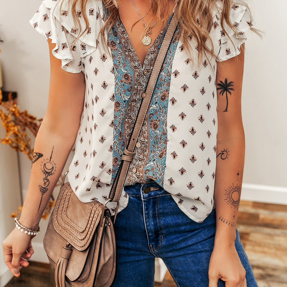 White Boho Pattern Tiered Ruffled Sleeve V Neck Buttoned Blouse
