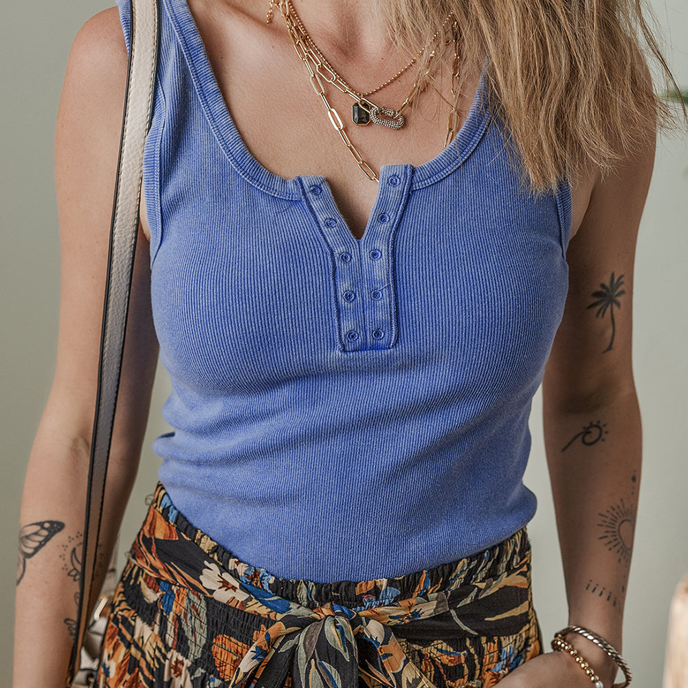 Sky Blue Mineral Wash Ribbed Notch Neck Tank Top