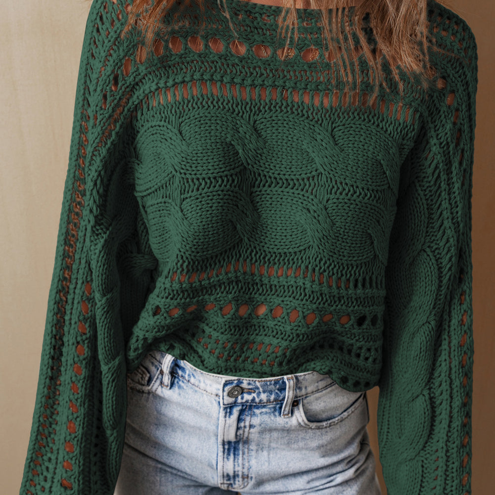 Smoke Gray Hollow-out Cable Knit Cropped Sweater