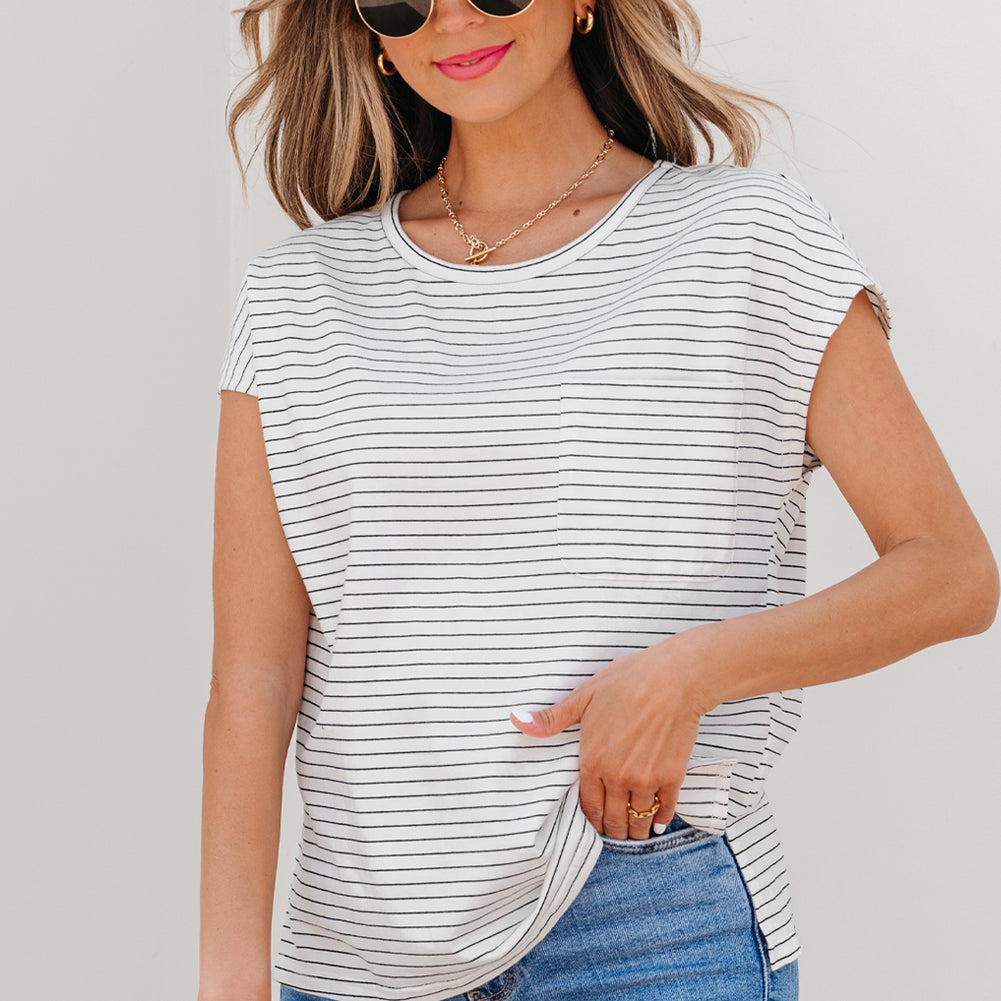 White Stripe Cap Sleeve Crew Neck Casual Tee with Chest Pocket