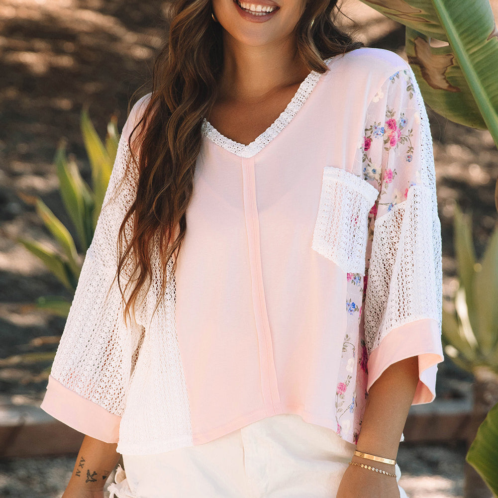 Delicacy Floral Lace Crochet Patchwork Batwing Sleeve Blouse