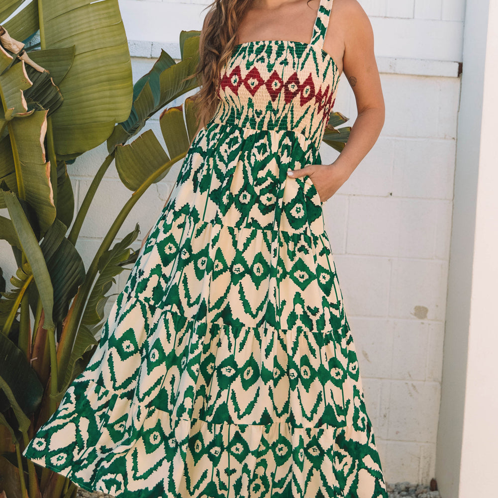 Green Western Aztec Shirred A-line Sleeveless Maxi Dress