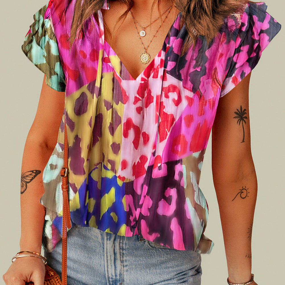 Multicolour Leopard Flutter Sleeve V Neck Crinkled Blouse