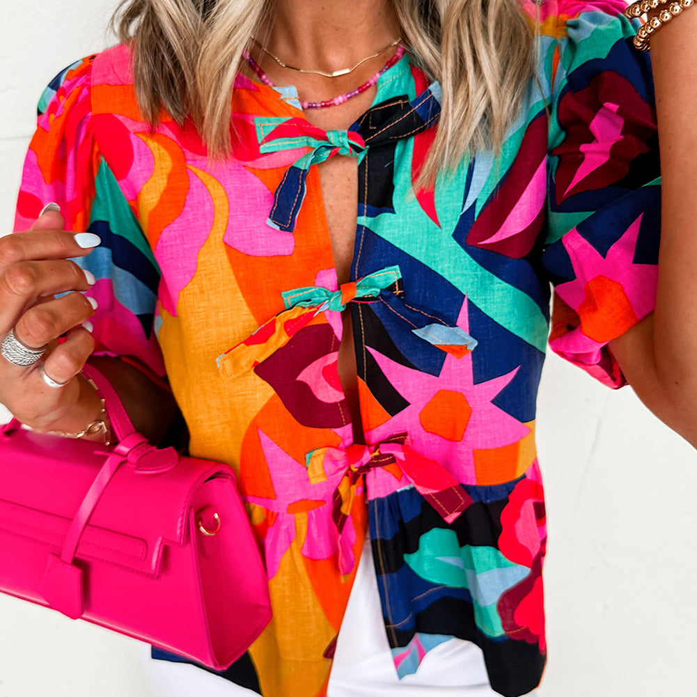 Red Abstract Floral Print Front Tied Puff Sleeve Babydoll Blouse