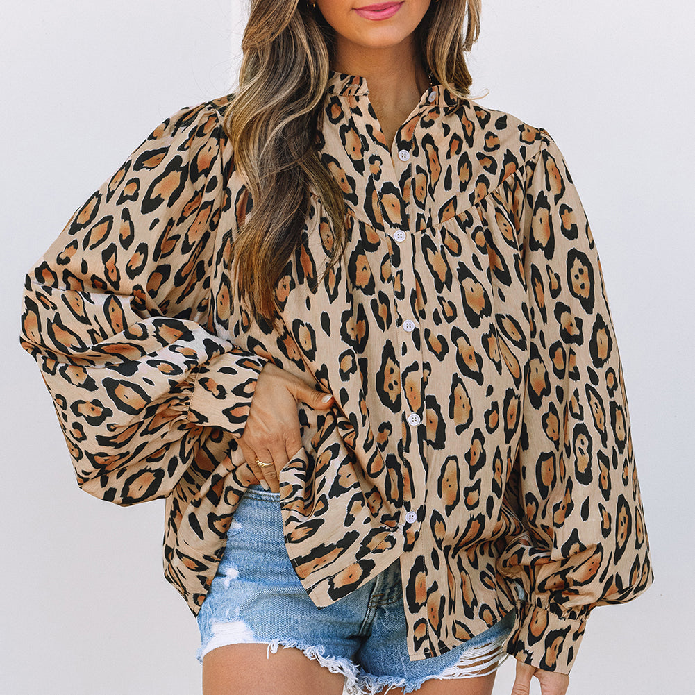 Light French Beige Oversized Leopard Print Balloon Sleeve Casual Shirt