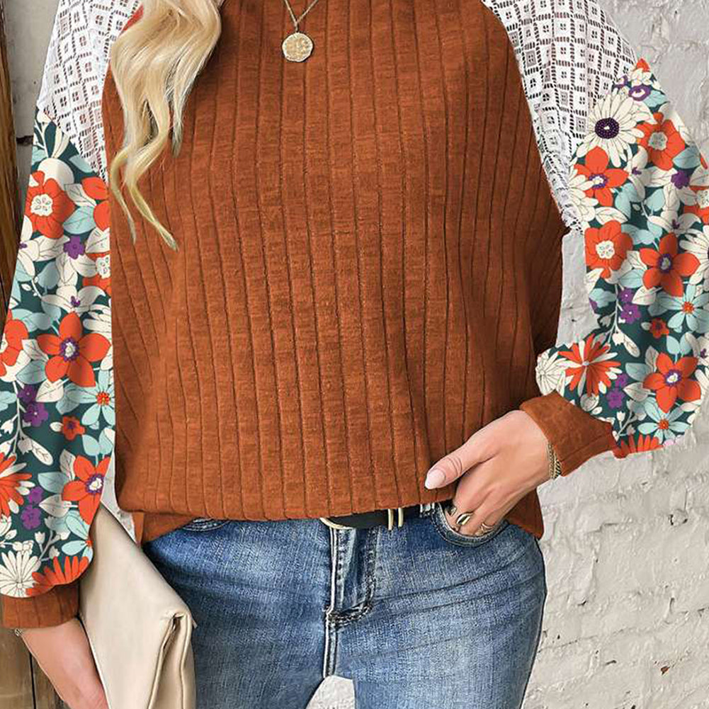 Laurel Green Floral Patchwork Long Sleeve Ribbed Blouse