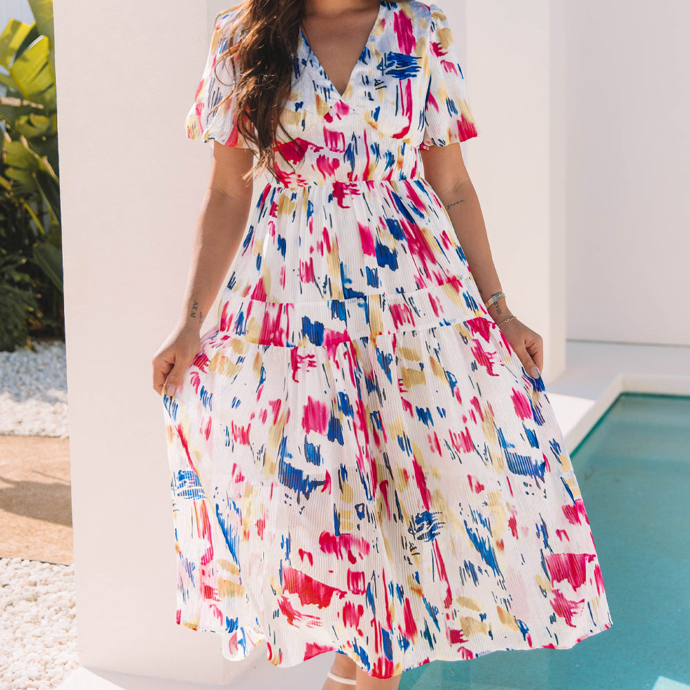 Sky Blue Abstract Print Short Puff Sleeve Tiered Maxi Dress