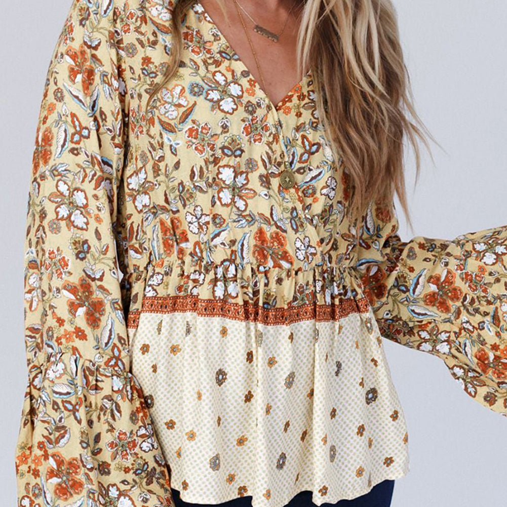 Yellow Printed Floral Bell Sleeve V Neck Wrapped Contrast Peplum Blouse