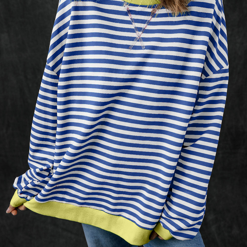 Blue Stripe Oversized Contrast Trim Pullover Sweatshirt