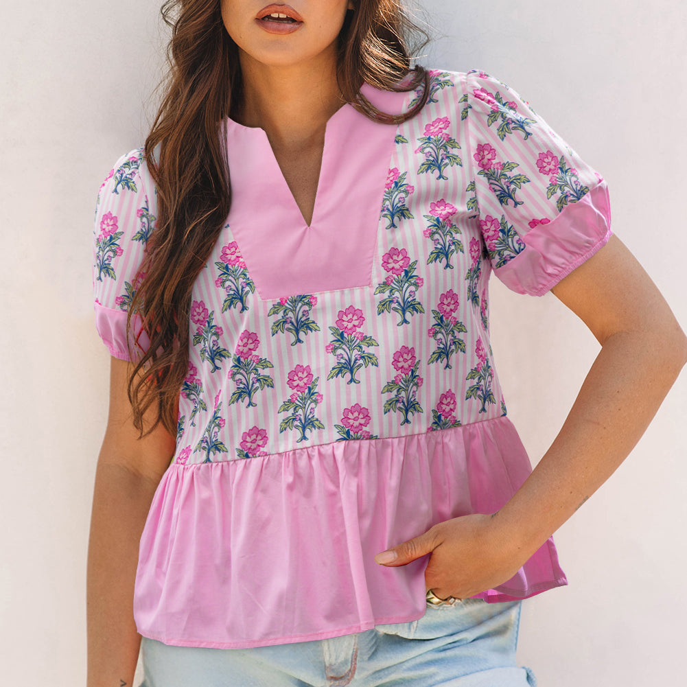 Rose Floral Striped Print Contrast Patchwork Ruffle Hem Blouse