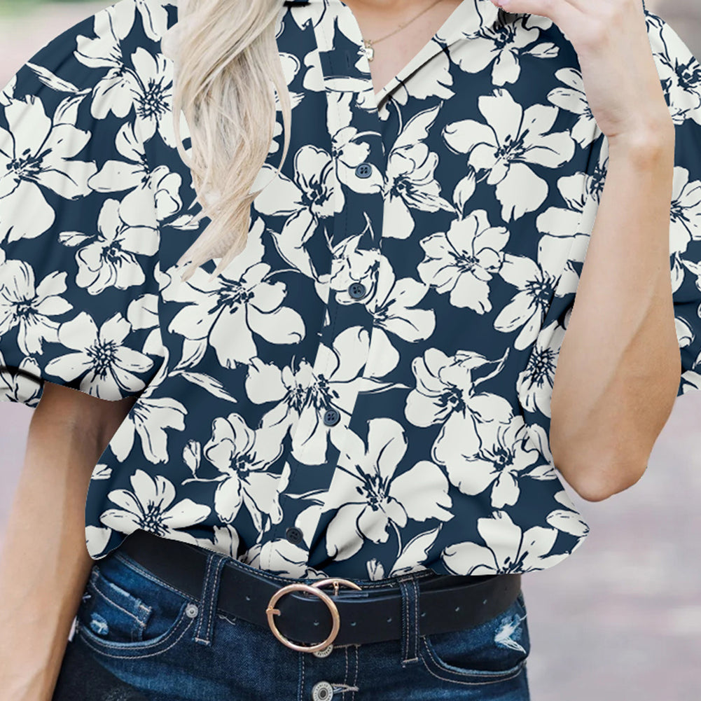Blue Floral Short Puff Sleeve Summer Shirt