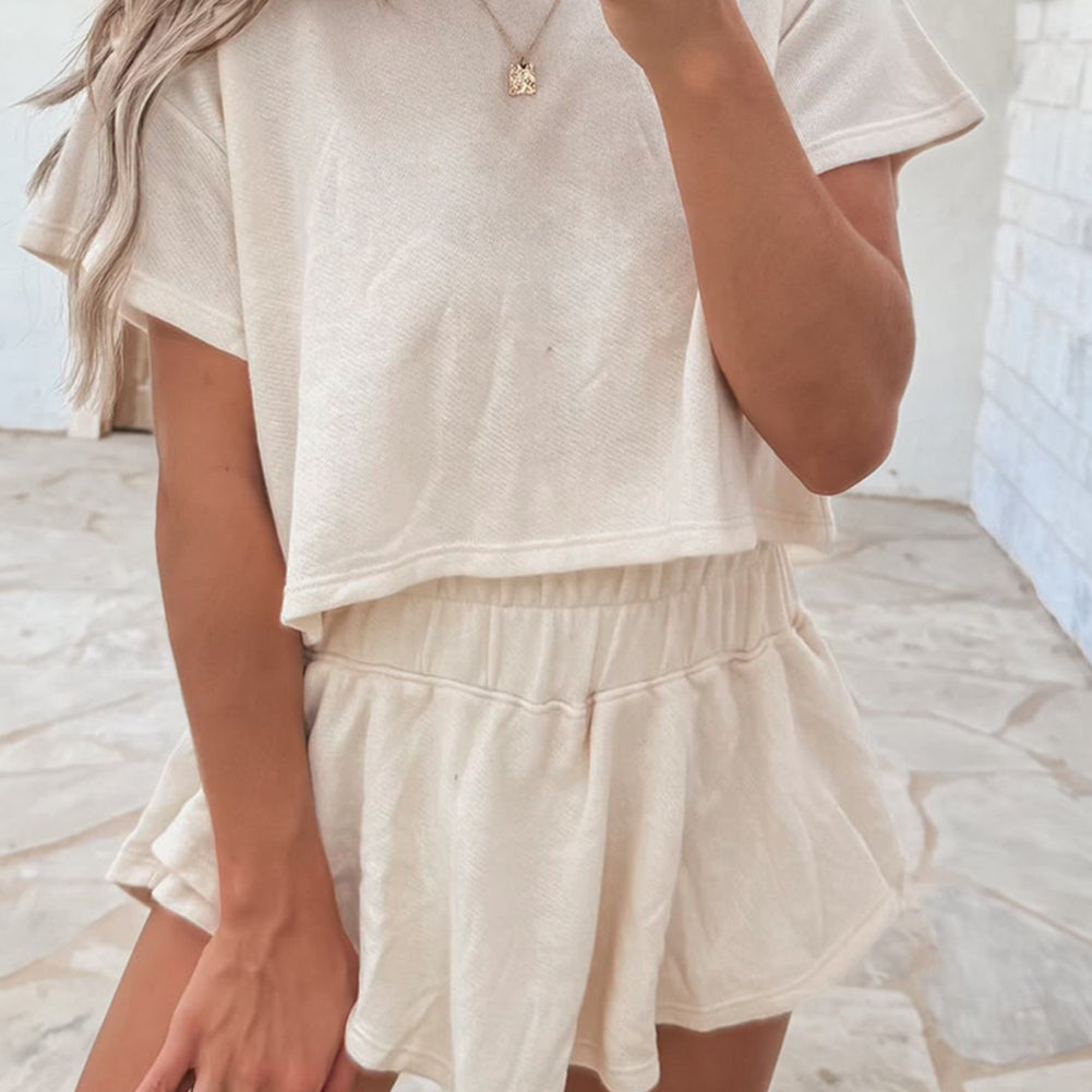 Beige 2pcs Cropped Tee and Ruffle High Waist Skort Set