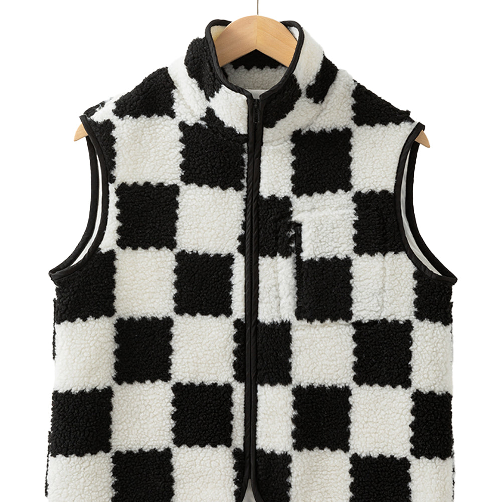 Khaki Checkered Sherpa Collared Jacket Vest
