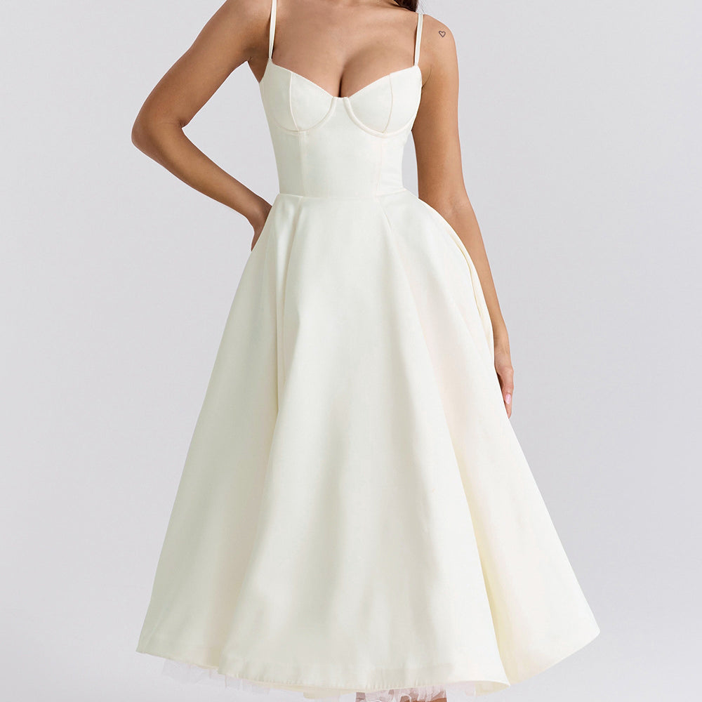 Women Polyester Bandeau Sleeveless Midi A-Line Summer Other Dress None Solid Other
