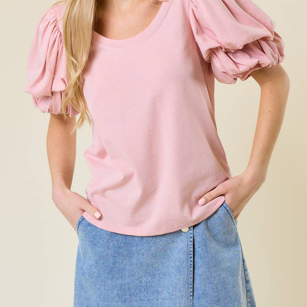 Light Pink Scoop Neck Bubble Sleeve Tee