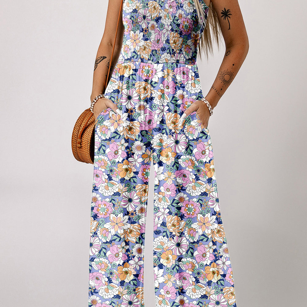 Purple Floral Print Smocked High Waist Square Neck Jumpsuit
