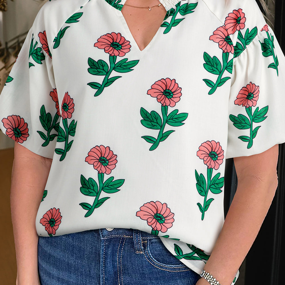 Beige Floral Print Shirred Split Neck Short Sleeve Blouse