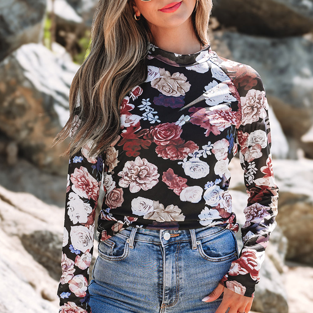 Pink Mesh Floral Print Mock Neck Long Sleeve Slim Top