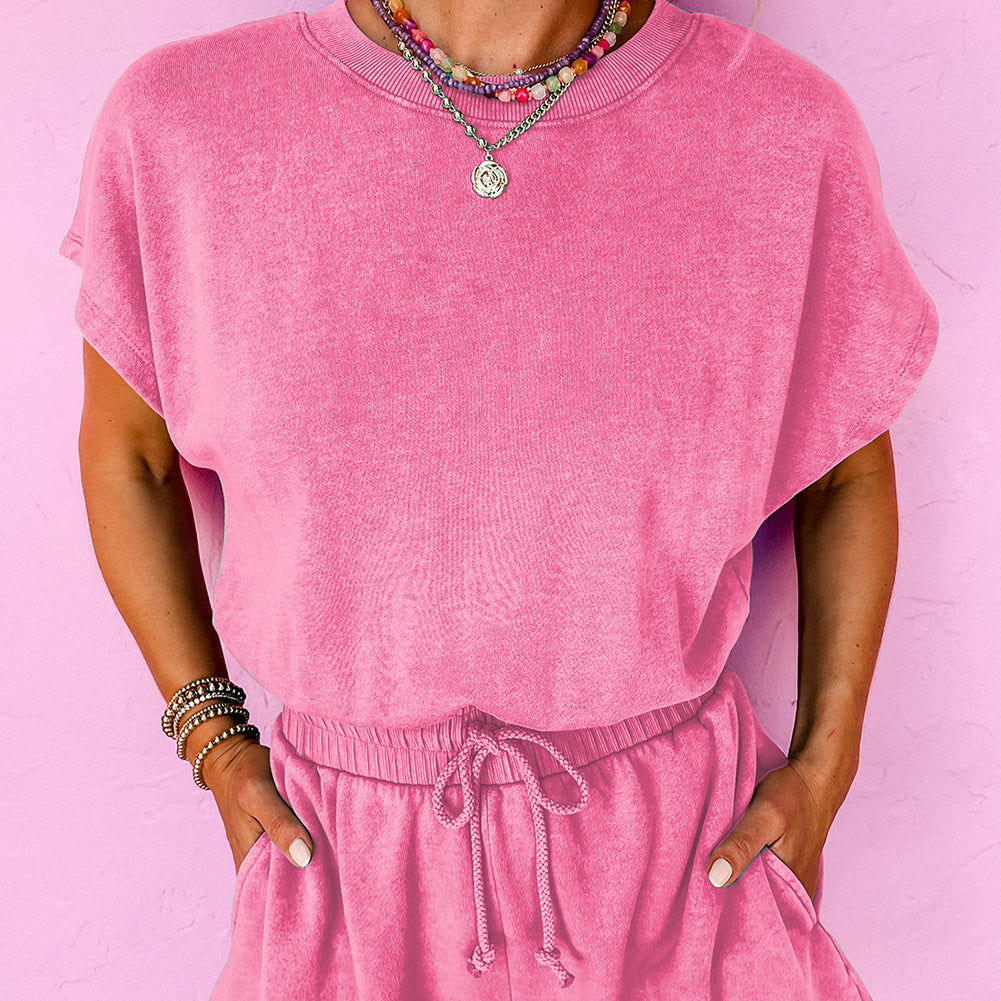 Mist Blue Mineral Wash Drawstring Waist Hollow Out Back Short Sleeve Romper