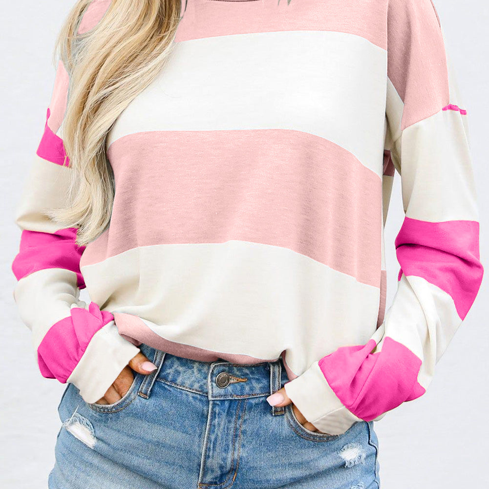 Rose Red Colorblock Striped Drop Shoulder Long Sleeve Top