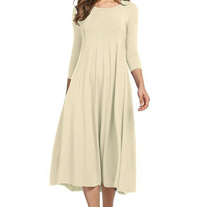 3/4 Sleeve Spring Crew neck Other Other Solid Polyester A-Line Dress Easy Care Knee Length Women