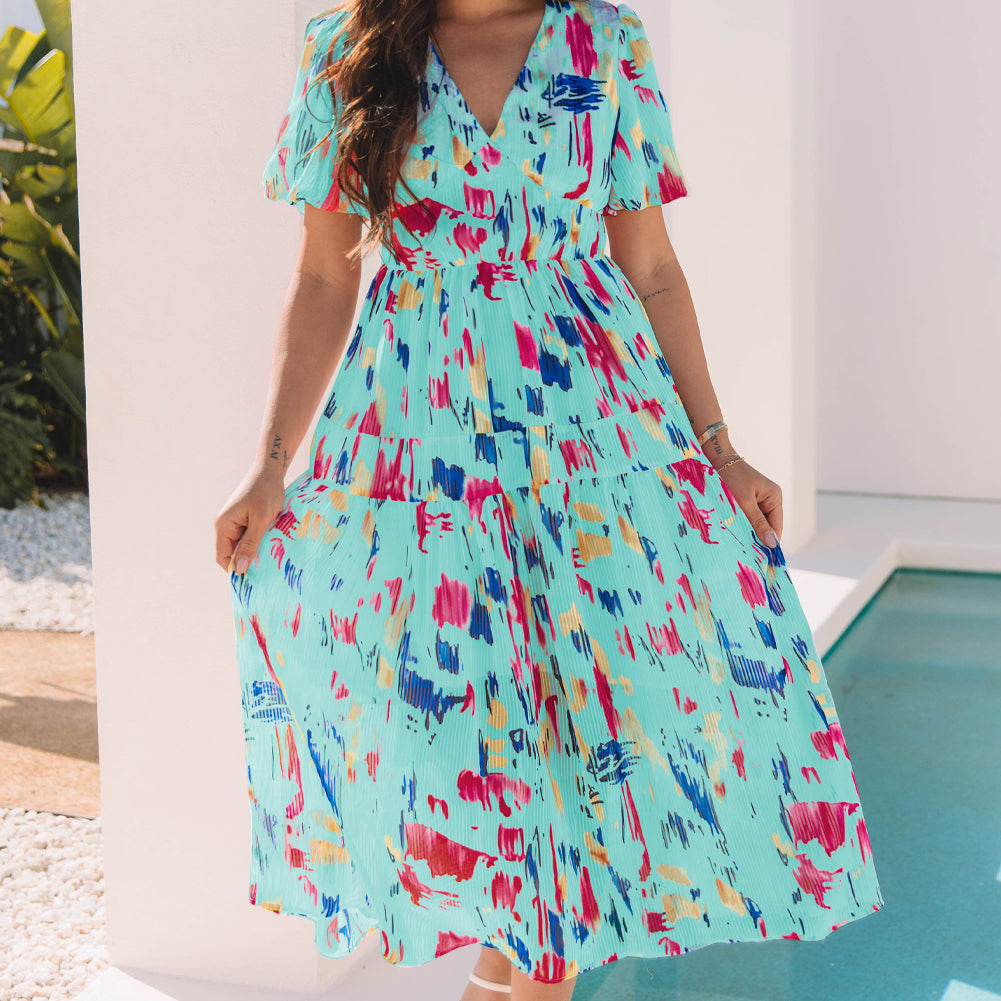 Sky Blue Abstract Print Short Puff Sleeve Tiered Maxi Dress